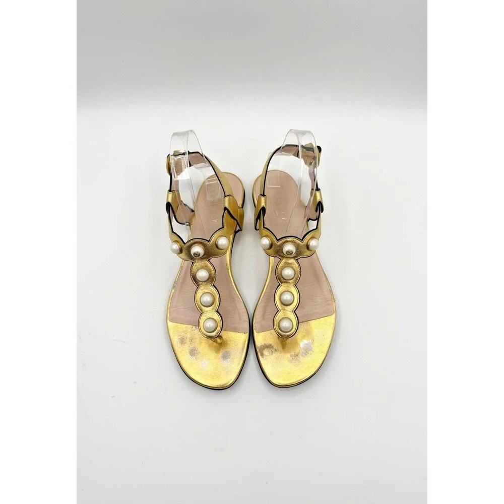 Gucci Gold Leather Pearl Embellished Willow T Strap Flat Sandals Size EU 38